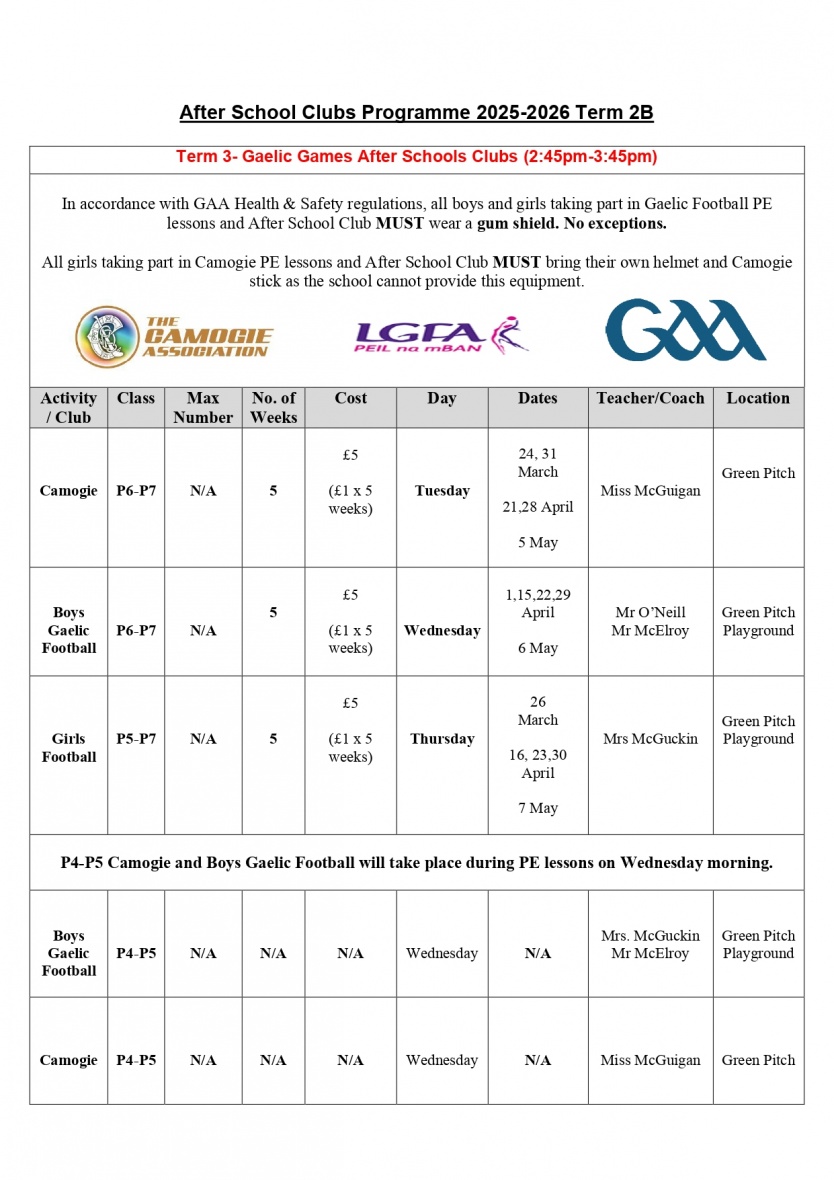 After School Clubs Timetable Term 2B/3