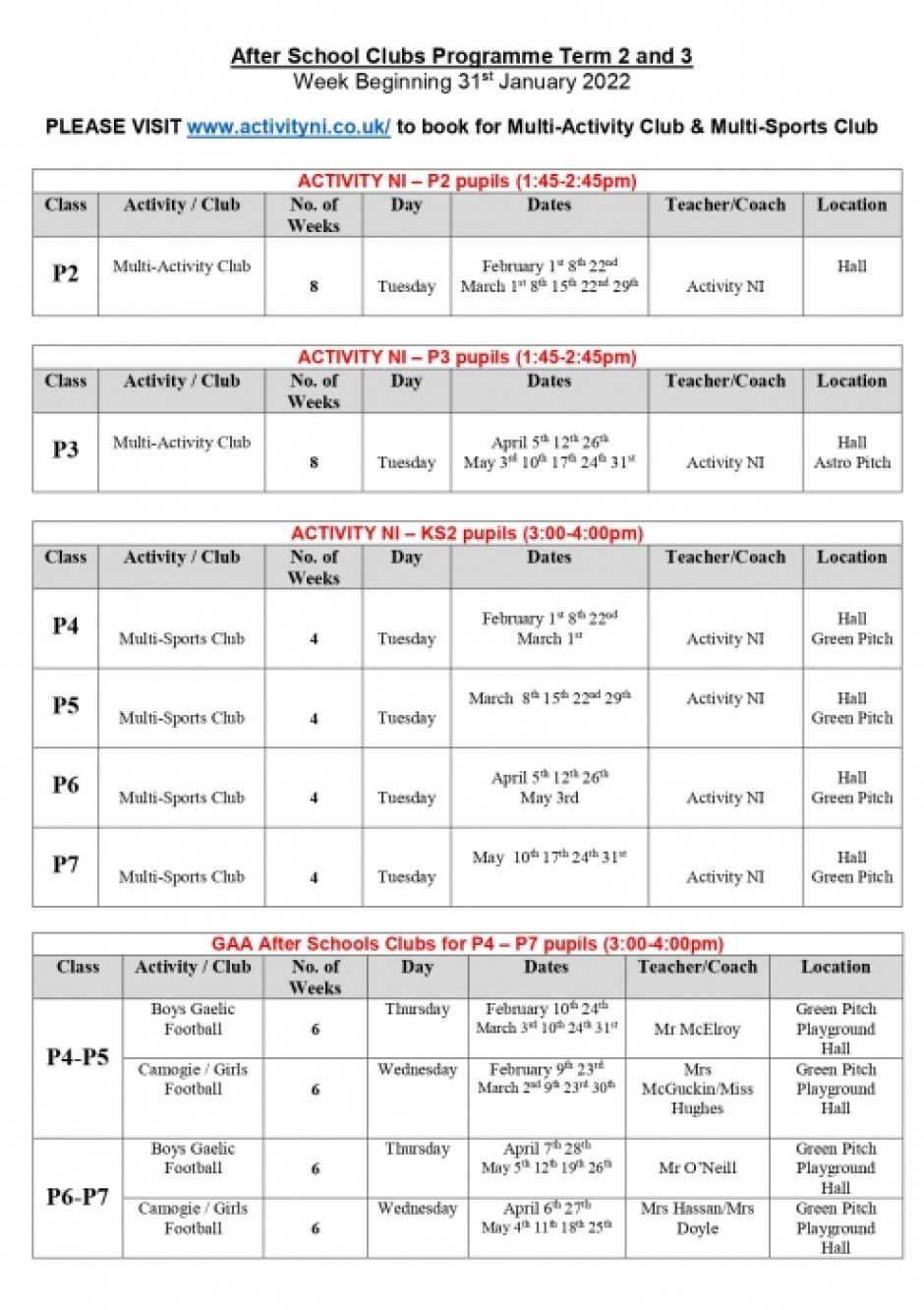 After School Clubs Timetable Term 2 and 3